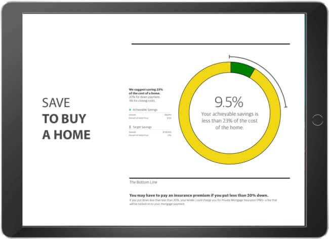 A tablet device displaying helpful information about how to save to buy a home