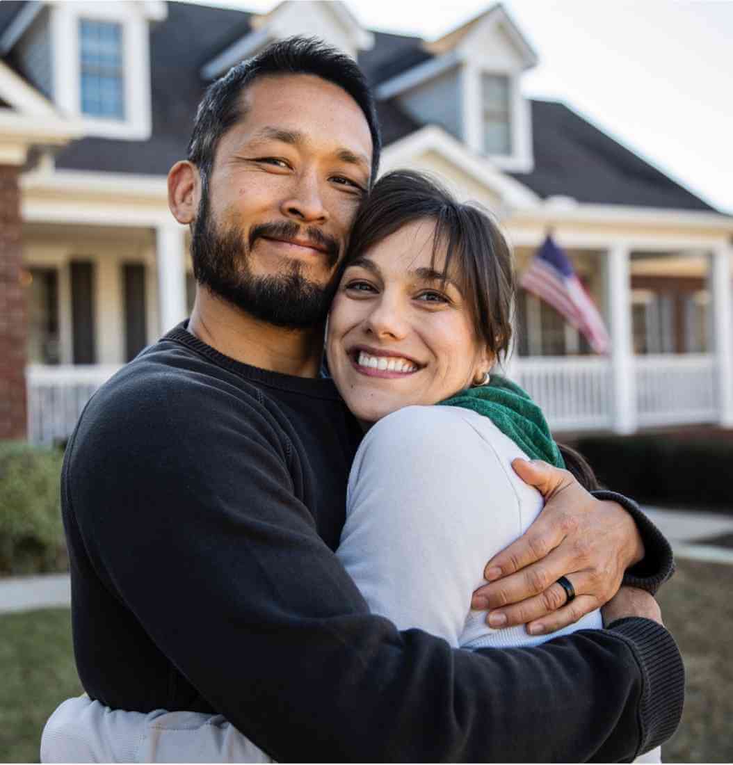Couple hugging in front of a house